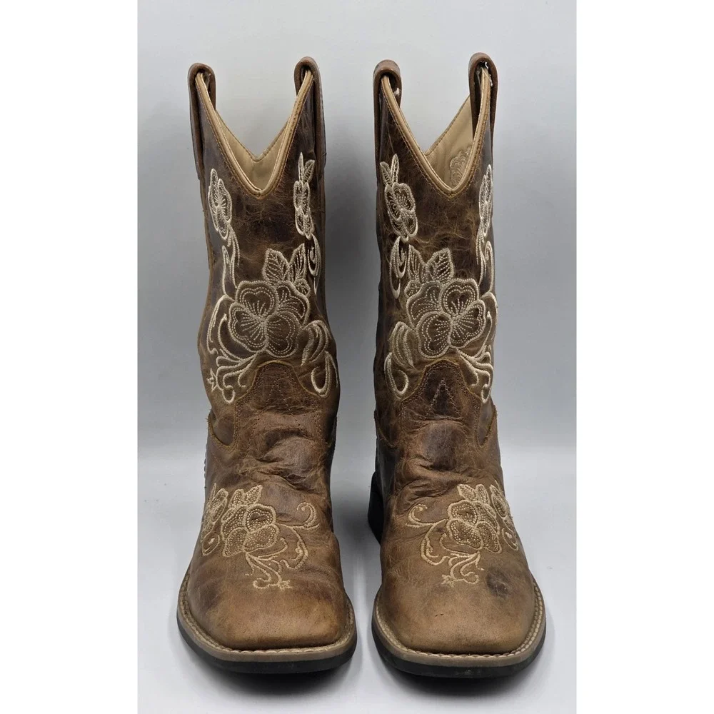 Shyanne Girls Brown Distressed Leather Floral Embroidered Cowboy Boots Size 3 D